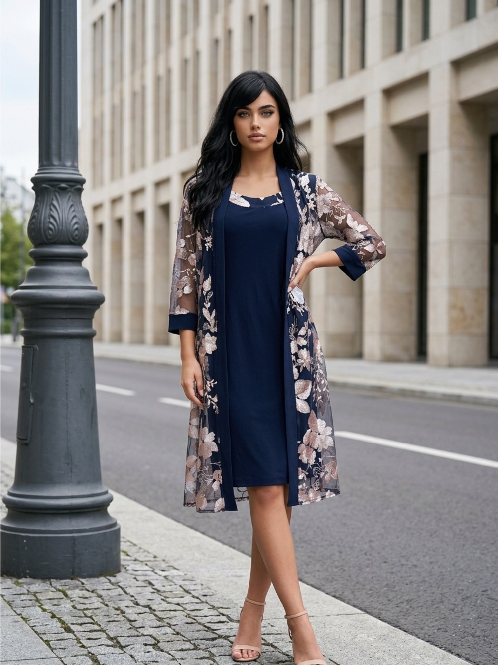 R&M Richards Navy Dress with Blush Floral Lace Duster